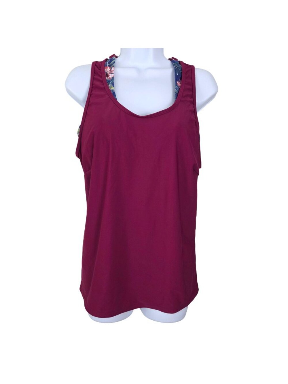 Womens 3-Piece Large Swimsuit Burgundy Tankini Set Floral Print Boy Shorts